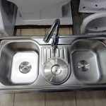 Double Bowl with Center Trash Bin